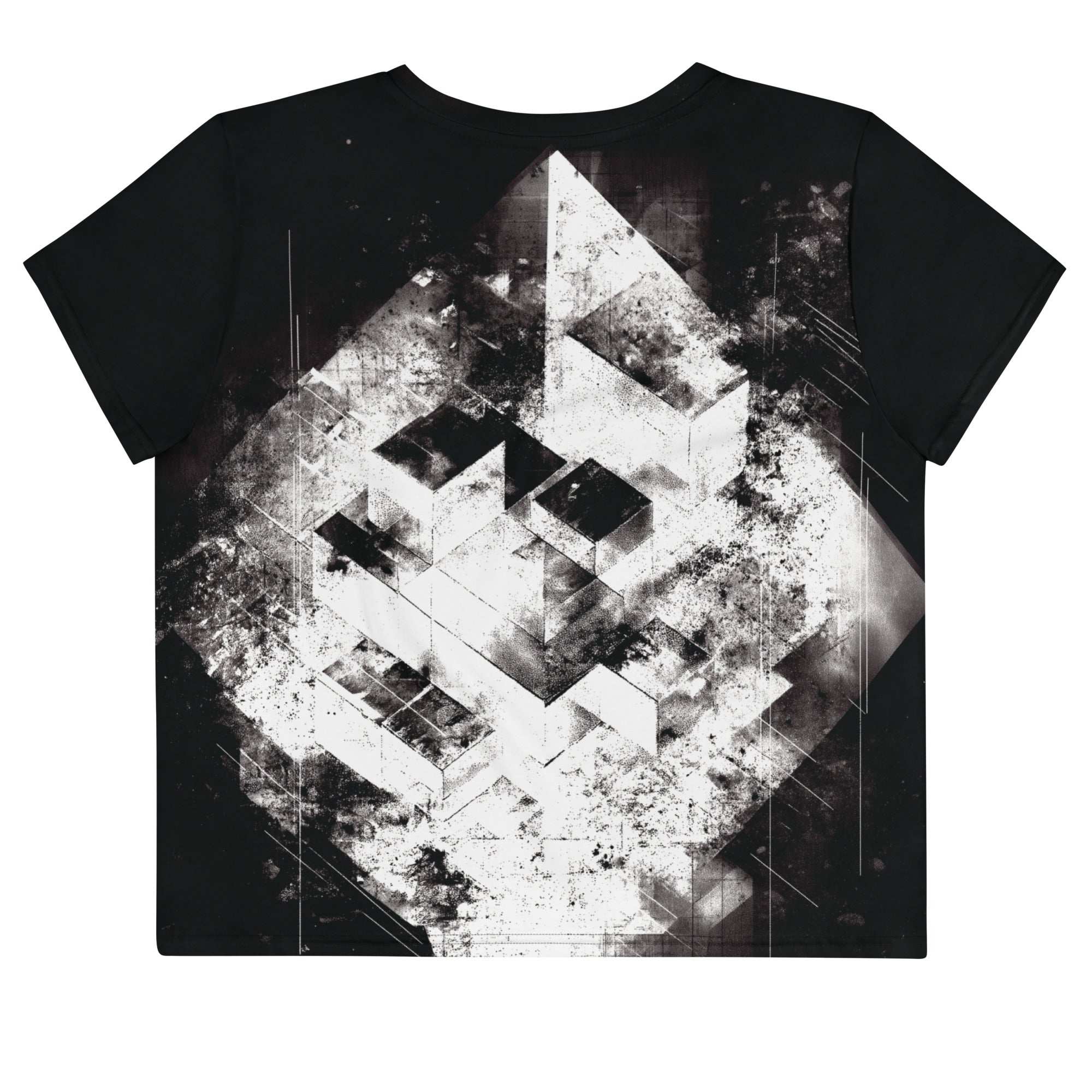 Back view of Women's Era Stamp (No.15) crop top with bold black and white geometries, distressed ink texture, crew neck, short sleeves.