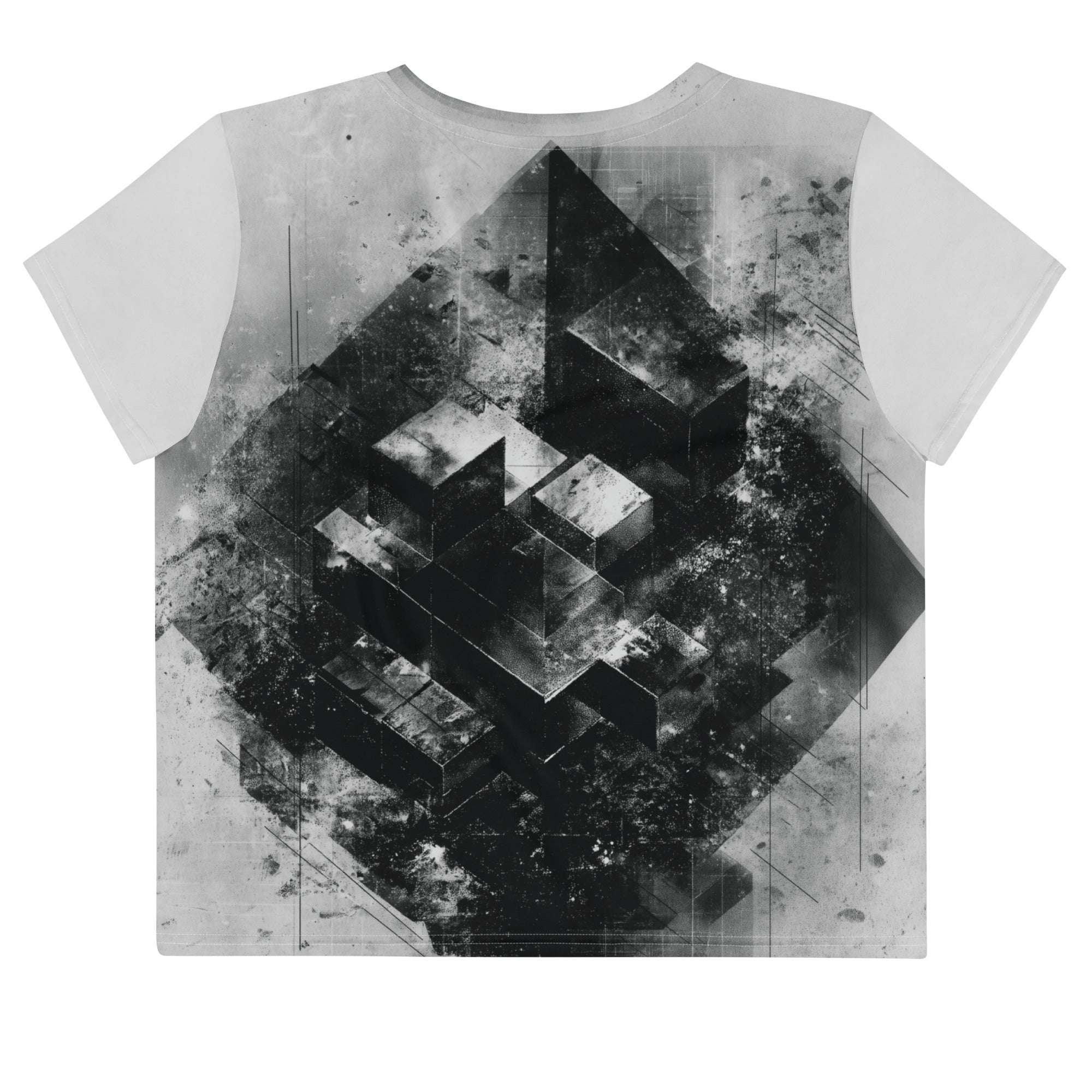 Back view of Women's Era Stamp (No.16) crop top with bold black and white geometries, distressed ink texture, crew neck, short sleeves.