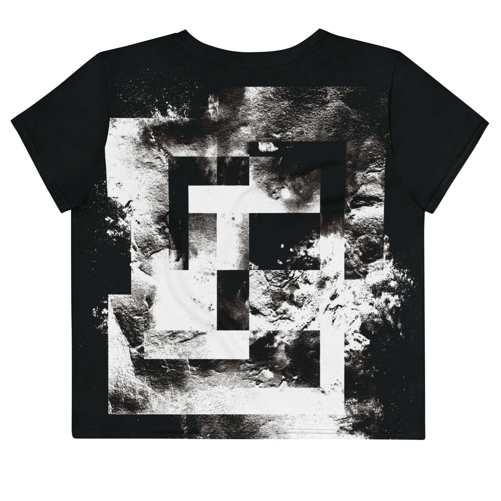 Back view of Women's Era Stamp (No.17) crop top with bold black and white geometries, distressed ink texture, crew neck, short sleeves.