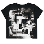 Back view of Women's Era Stamp (No.17) crop top with bold black and white geometries, distressed ink texture, crew neck, short sleeves.