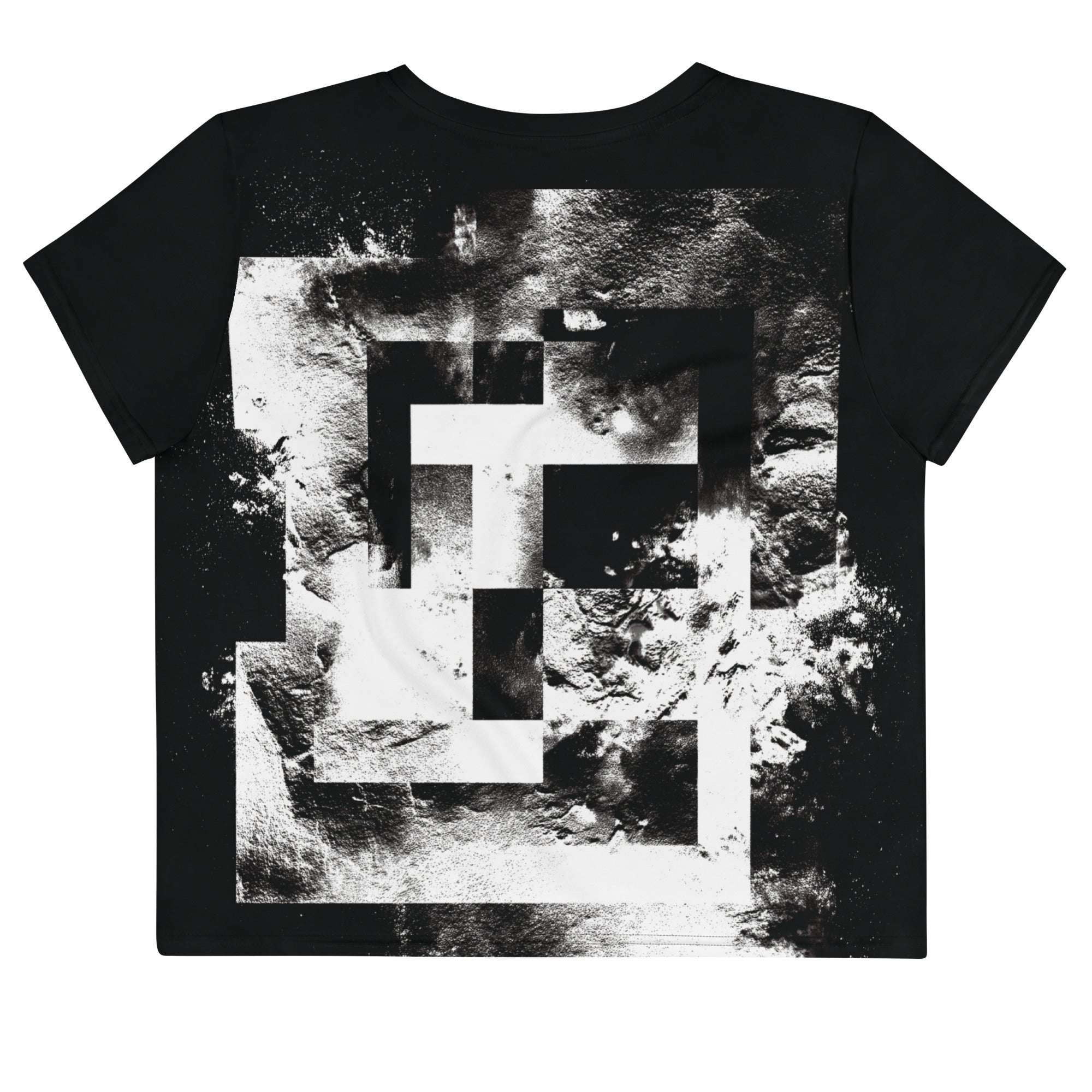 Back view of Women's Era Stamp (No.17) crop top with bold black and white geometries, distressed ink texture, crew neck, short sleeves.
