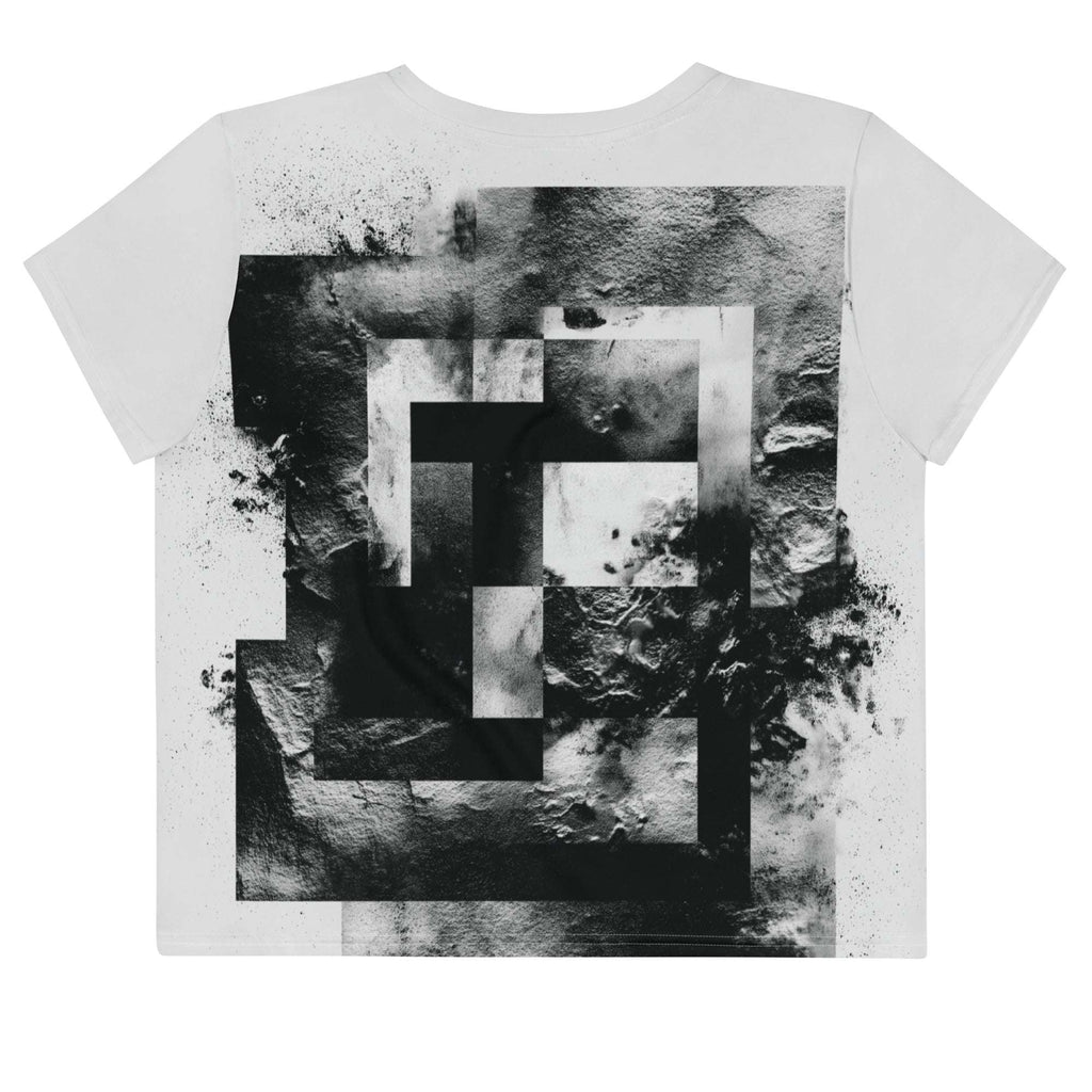 Back view of Women's Era Stamp (No.18) crop top with bold black and white geometries, distressed ink texture, crew neck, short sleeves.