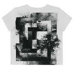 Back view of Women's Era Stamp (No.18) crop top with bold black and white geometries, distressed ink texture, crew neck, short sleeves.