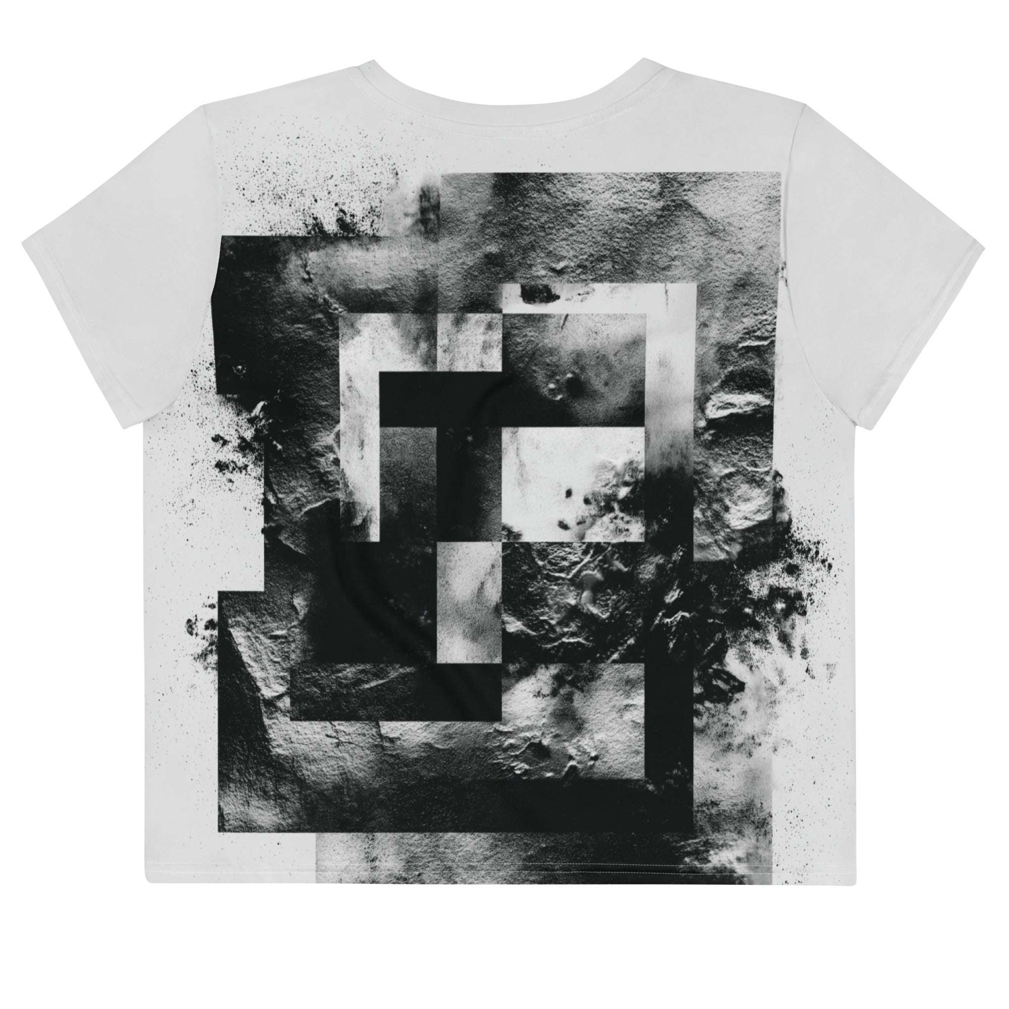 Back view of Women's Era Stamp (No.18) crop top with bold black and white geometries, distressed ink texture, crew neck, short sleeves.