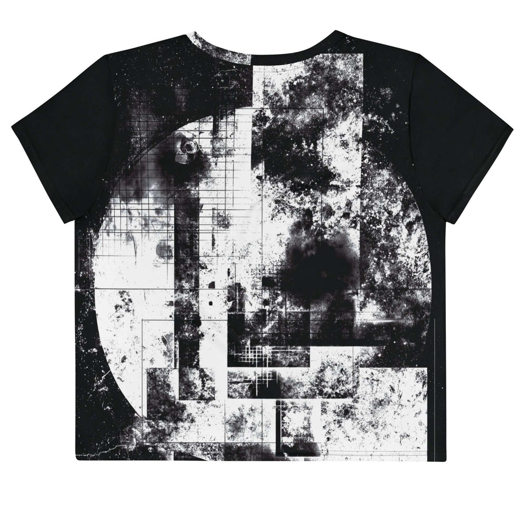 Back view of Women's Era Stamp (No.19) crop top with bold black and white geometries, distressed ink texture, crew neck, short sleeves.