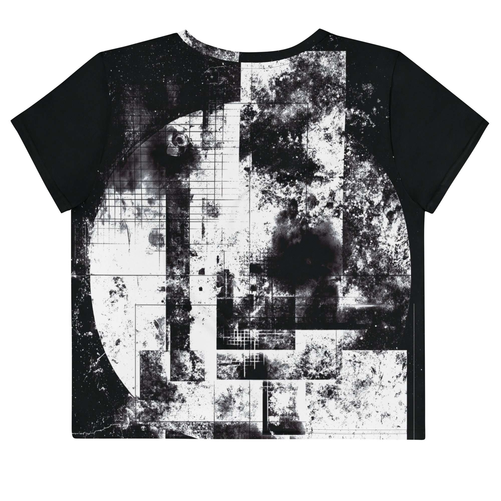 Back view of Women's Era Stamp (No.19) crop top with bold black and white geometries, distressed ink texture, crew neck, short sleeves.