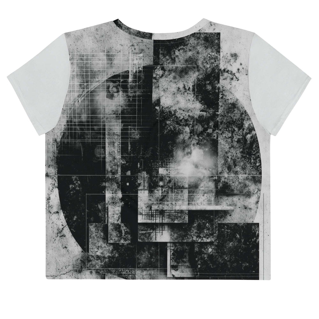 Back view of Women's Era Stamp (No.20) crop top with bold black and white geometries, distressed ink texture, crew neck, short sleeves.
