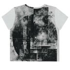 Back view of Women's Era Stamp (No.20) crop top with bold black and white geometries, distressed ink texture, crew neck, short sleeves.