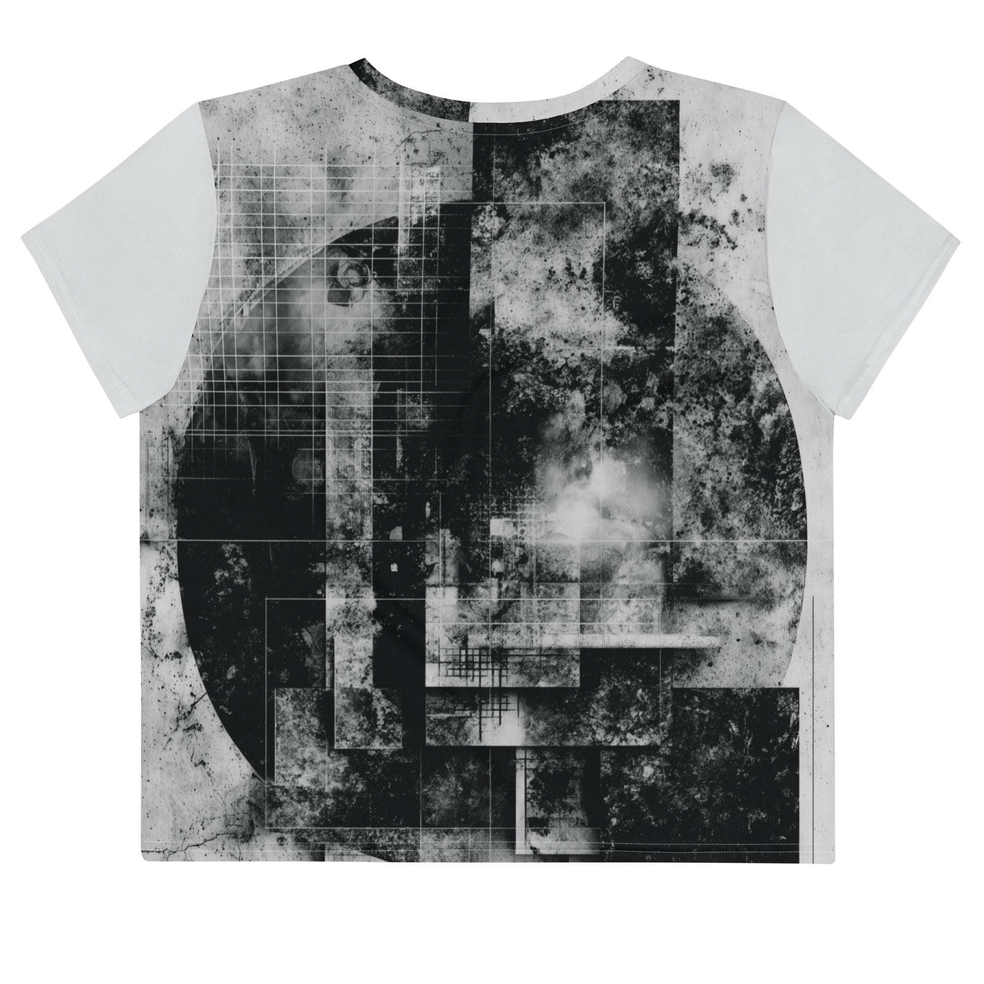 Back view of Women's Era Stamp (No.20) crop top with bold black and white geometries, distressed ink texture, crew neck, short sleeves.