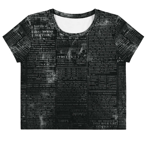 Flat studio mockup of Form Finding Design “Women’s Era Print” crop tee, front — monochrome handwritten script collage across body and sleeves; crew neck, cropped hem; The Signature Collective.