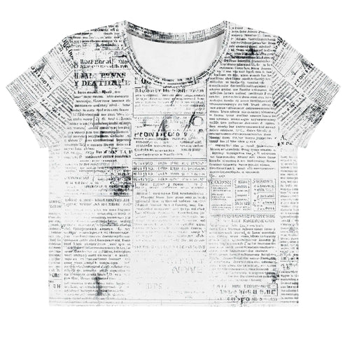 Flat studio mockup of Form Finding Design “Women’s Era Print (No.02)” crop tee, front — monochrome handwritten script collage across body and sleeves; crew neck, cropped hem; The Signature Collective.