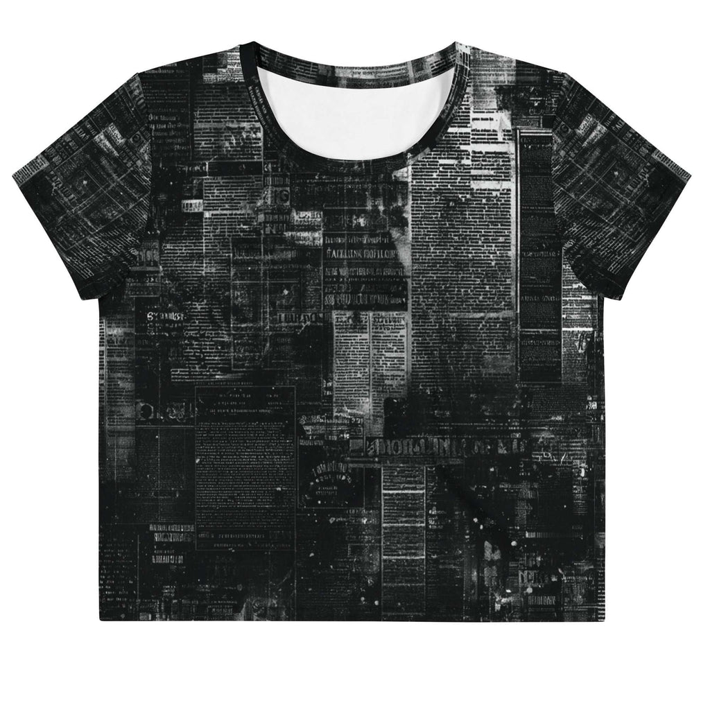 Flat studio mockup of Form Finding Design “Women’s Era Print (No.03)” crop tee, front — monochrome handwritten script collage across body and sleeves; crew neck, cropped hem; The Signature Collective.
