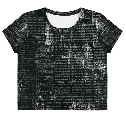 Flat studio mockup of Form Finding Design “Women’s Era Print (No.05)” crop tee, front — monochrome handwritten script collage across body and sleeves; crew neck, cropped hem; The Signature Collective.