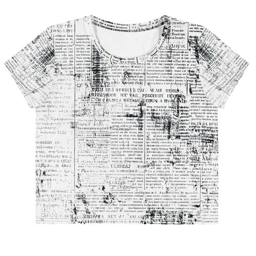 Flat studio mockup of Form Finding Design “Women’s Era Print (No.06)” crop tee, front — monochrome handwritten script collage across body and sleeves; crew neck, cropped hem; The Signature Collective.