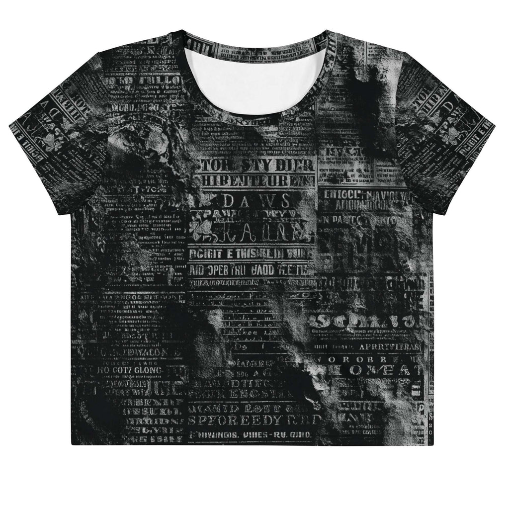 Flat studio mockup of Form Finding Design “Women’s Era Print (No.07)” crop tee, front — monochrome handwritten script collage across body and sleeves; crew neck, cropped hem; The Signature Collective.