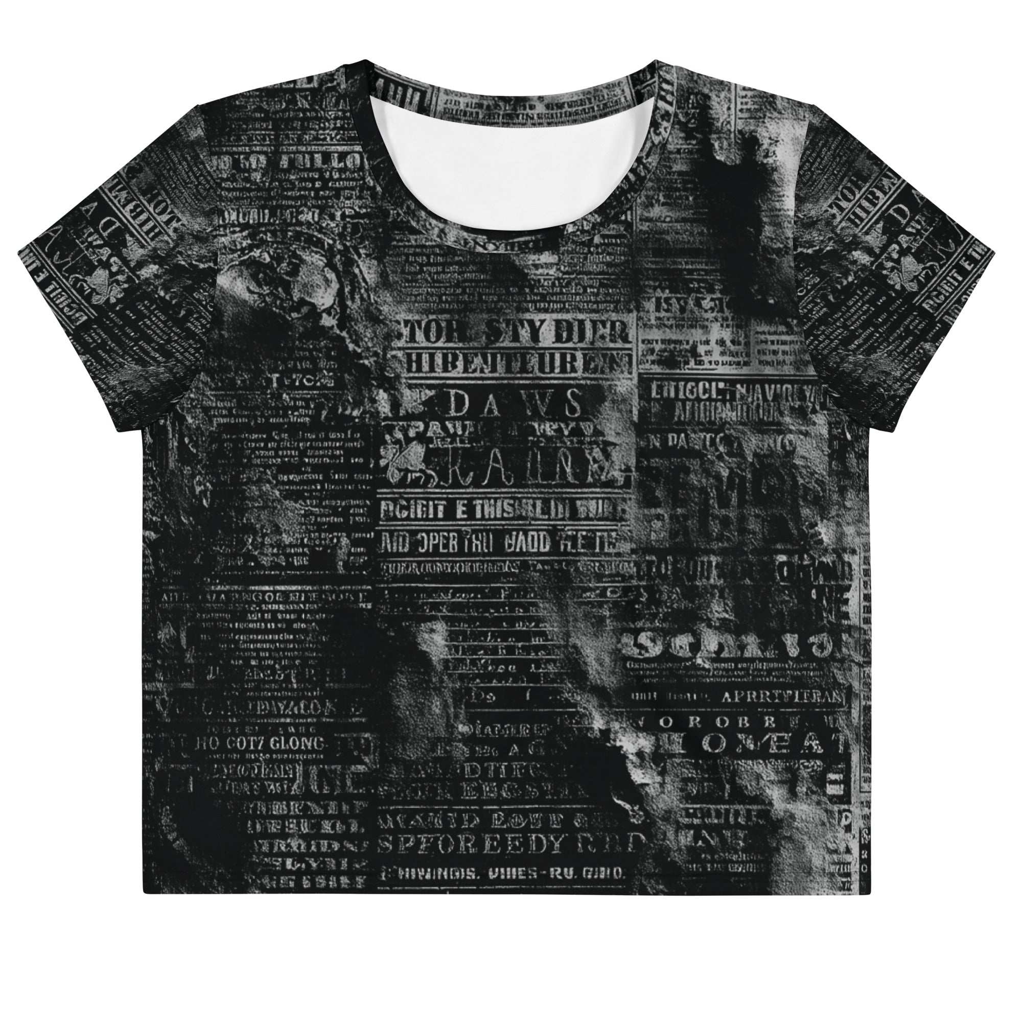 Flat studio mockup of Form Finding Design “Women’s Era Print (No.07)” crop tee, front — monochrome handwritten script collage across body and sleeves; crew neck, cropped hem; The Signature Collective.