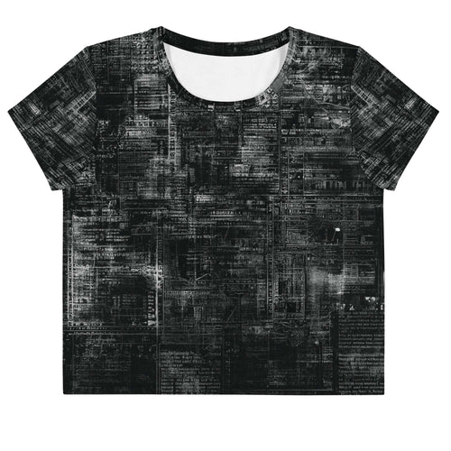 Flat studio mockup of Form Finding Design “Women’s Era Print (No.09)” crop tee, front — monochrome handwritten script collage across body and sleeves; crew neck, cropped hem; The Signature Collective.