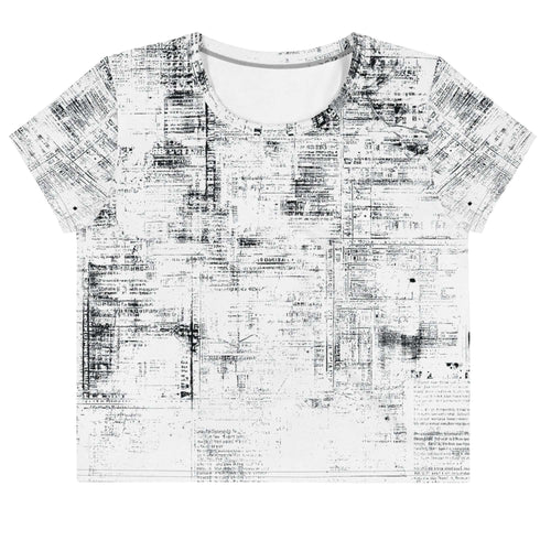 Flat studio mockup of Form Finding Design “Women’s Era Print (No.10)” crop tee, front — monochrome handwritten script collage across body and sleeves; crew neck, cropped hem; The Signature Collective.