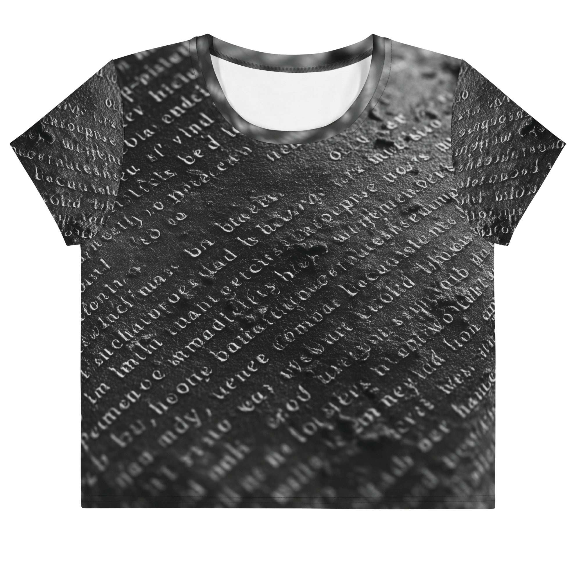 Flat studio mockup of Form Finding Design “Women’s Era Print (No.15)” crop tee, front — monochrome handwritten script collage across body and sleeves; crew neck, cropped hem; The Signature Collective.