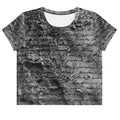 Flat studio mockup of Form Finding Design “Women’s Era Print (No.17)” crop tee, front — monochrome handwritten script collage across body and sleeves; crew neck, cropped hem; The Signature Collective.