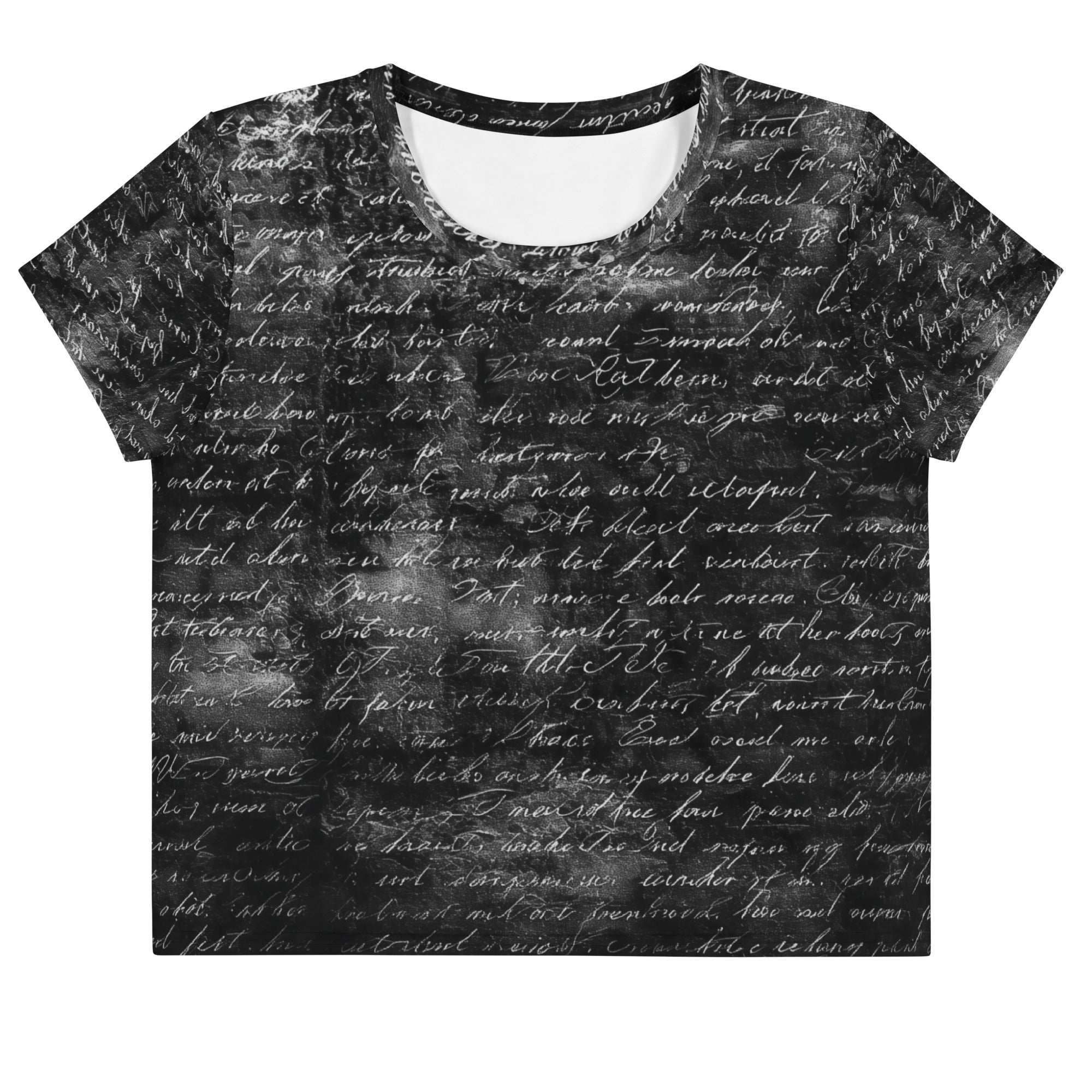 Flat studio mockup of Form Finding Design “Women’s Era Print (No.19)” crop tee, front — monochrome handwritten script collage across body and sleeves; crew neck, cropped hem; The Signature Collective.