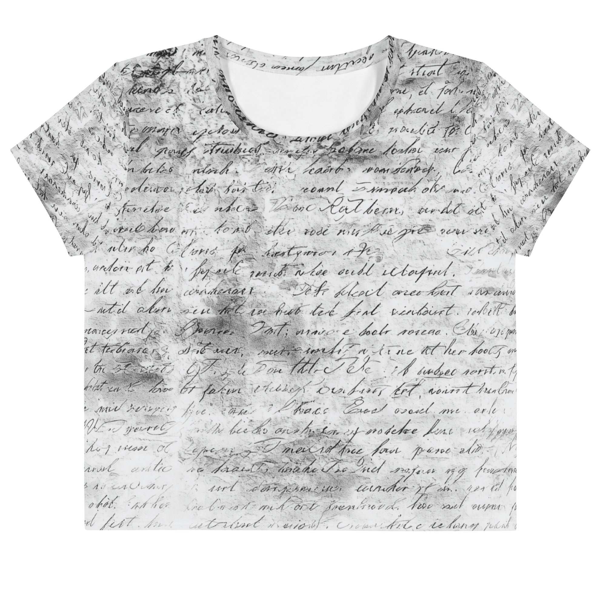 Flat studio mockup of Form Finding Design “Women’s Era Print (No.20)” crop tee, front — monochrome handwritten script collage across body and sleeves; crew neck, cropped hem; The Signature Collective.