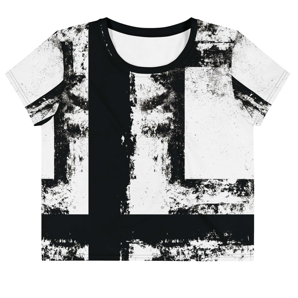 Front view of Women's Era Stamp crop top with bold black and white geometries, distressed ink texture, crew neck, short sleeves.