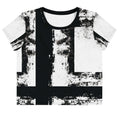 Front view of Women's Era Stamp crop top with bold black and white geometries, distressed ink texture, crew neck, short sleeves.