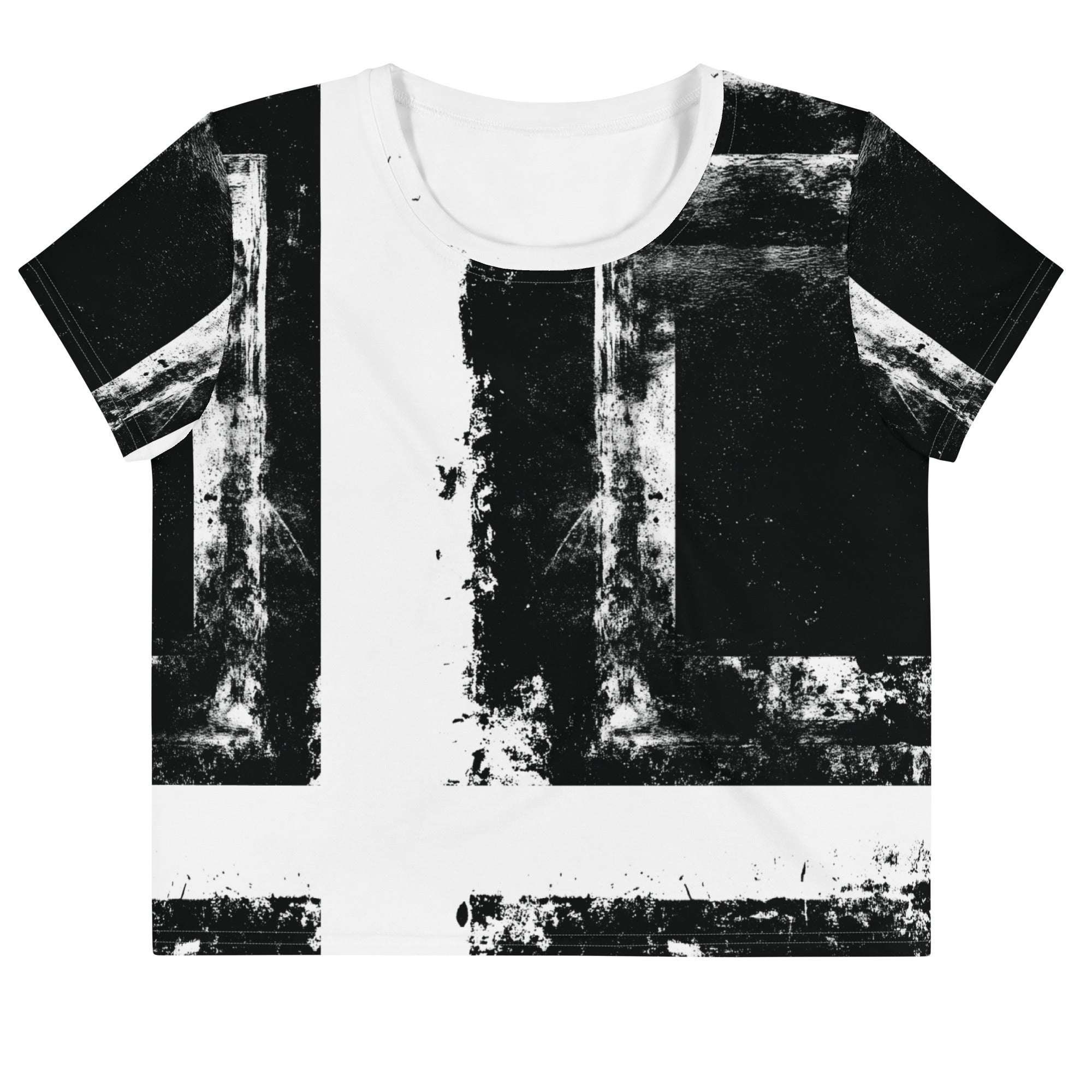 Front view of Women's Era Stamp (No.02) crop top with bold black and white geometries, distressed ink texture, crew neck, short sleeves.