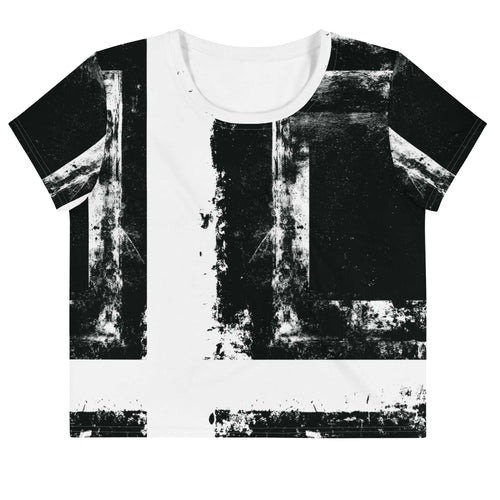 Front view of Women's Era Stamp (No.02) crop top with bold black and white geometries, distressed ink texture, crew neck, short sleeves.
