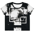 Front view of Women's Era Stamp (No.03) crop top with bold black and white geometries, distressed ink texture, crew neck, short sleeves.