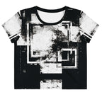 Front view of Women's Era Stamp (No.03) crop top with bold black and white geometries, distressed ink texture, crew neck, short sleeves.