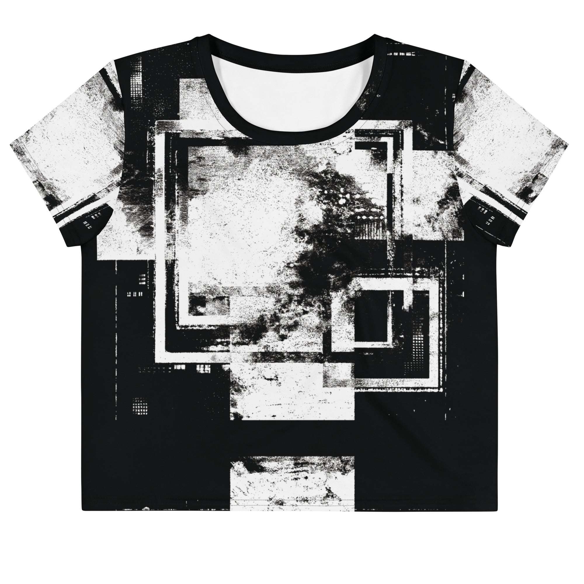 Front view of Women's Era Stamp (No.03) crop top with bold black and white geometries, distressed ink texture, crew neck, short sleeves.