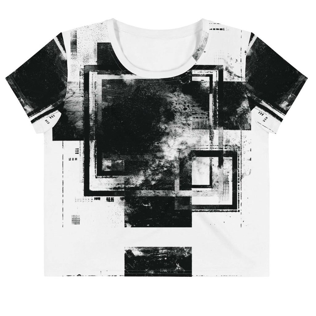 Front view of Women's Era Stamp (No.04) crop top with bold black and white geometries, distressed ink texture, crew neck, short sleeves.