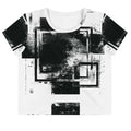 Front view of Women's Era Stamp (No.04) crop top with bold black and white geometries, distressed ink texture, crew neck, short sleeves.