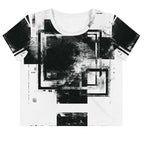 Front view of Women's Era Stamp (No.04) crop top with bold black and white geometries, distressed ink texture, crew neck, short sleeves.