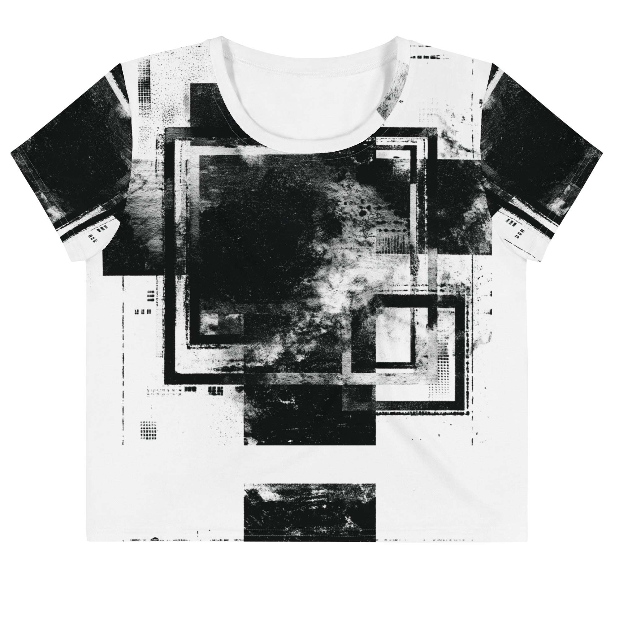 Front view of Women's Era Stamp (No.04) crop top with bold black and white geometries, distressed ink texture, crew neck, short sleeves.