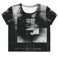 Front view of Women's Era Stamp (No.05) crop top with bold black and white geometries, distressed ink texture, crew neck, short sleeves.