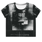 Front view of Women's Era Stamp (No.05) crop top with bold black and white geometries, distressed ink texture, crew neck, short sleeves.