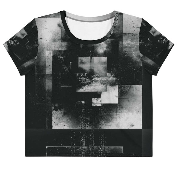 Front view of Women's Era Stamp (No.05) crop top with bold black and white geometries, distressed ink texture, crew neck, short sleeves.