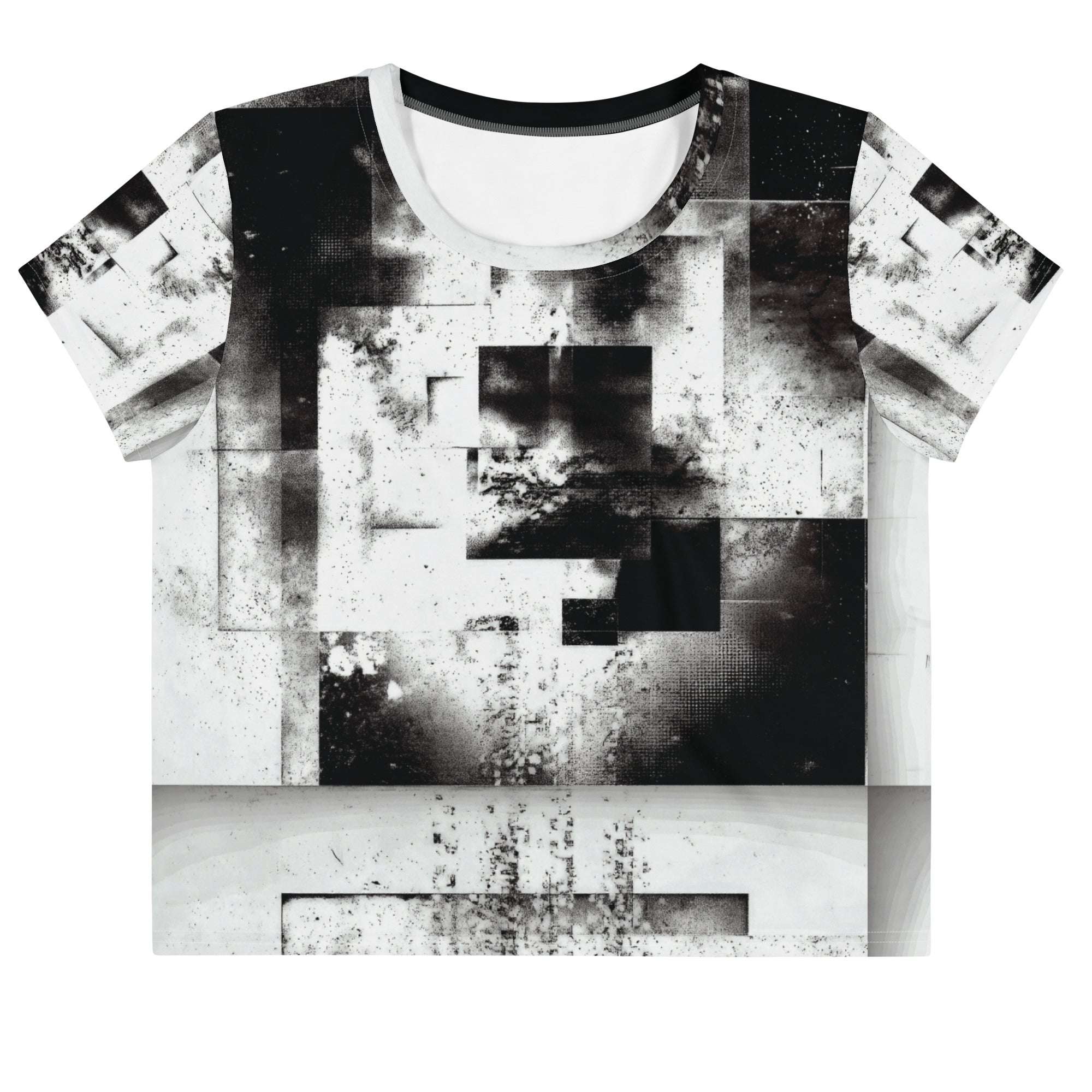Front view of Women's Era Stamp (No.06) crop top with bold black and white geometries, distressed ink texture, crew neck, short sleeves.