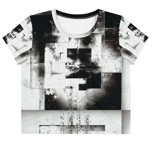 Front view of Women's Era Stamp (No.06) crop top with bold black and white geometries, distressed ink texture, crew neck, short sleeves.
