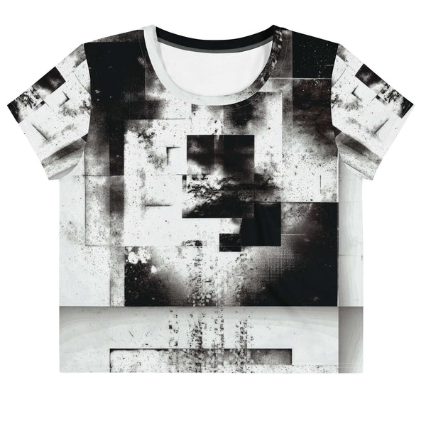 Front view of Women's Era Stamp (No.06) crop top with bold black and white geometries, distressed ink texture, crew neck, short sleeves.