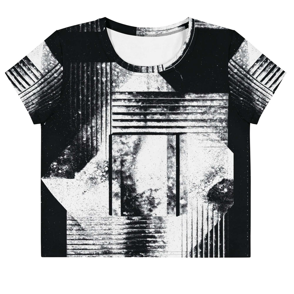 Front view of Women's Era Stamp (No.07) crop top with bold black and white geometries, distressed ink texture, crew neck, short sleeves.