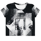 Front view of Women's Era Stamp (No.07) crop top with bold black and white geometries, distressed ink texture, crew neck, short sleeves.