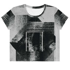 Front view of Women's Era Stamp (No.08) crop top with bold black and white geometries, distressed ink texture, crew neck, short sleeves.