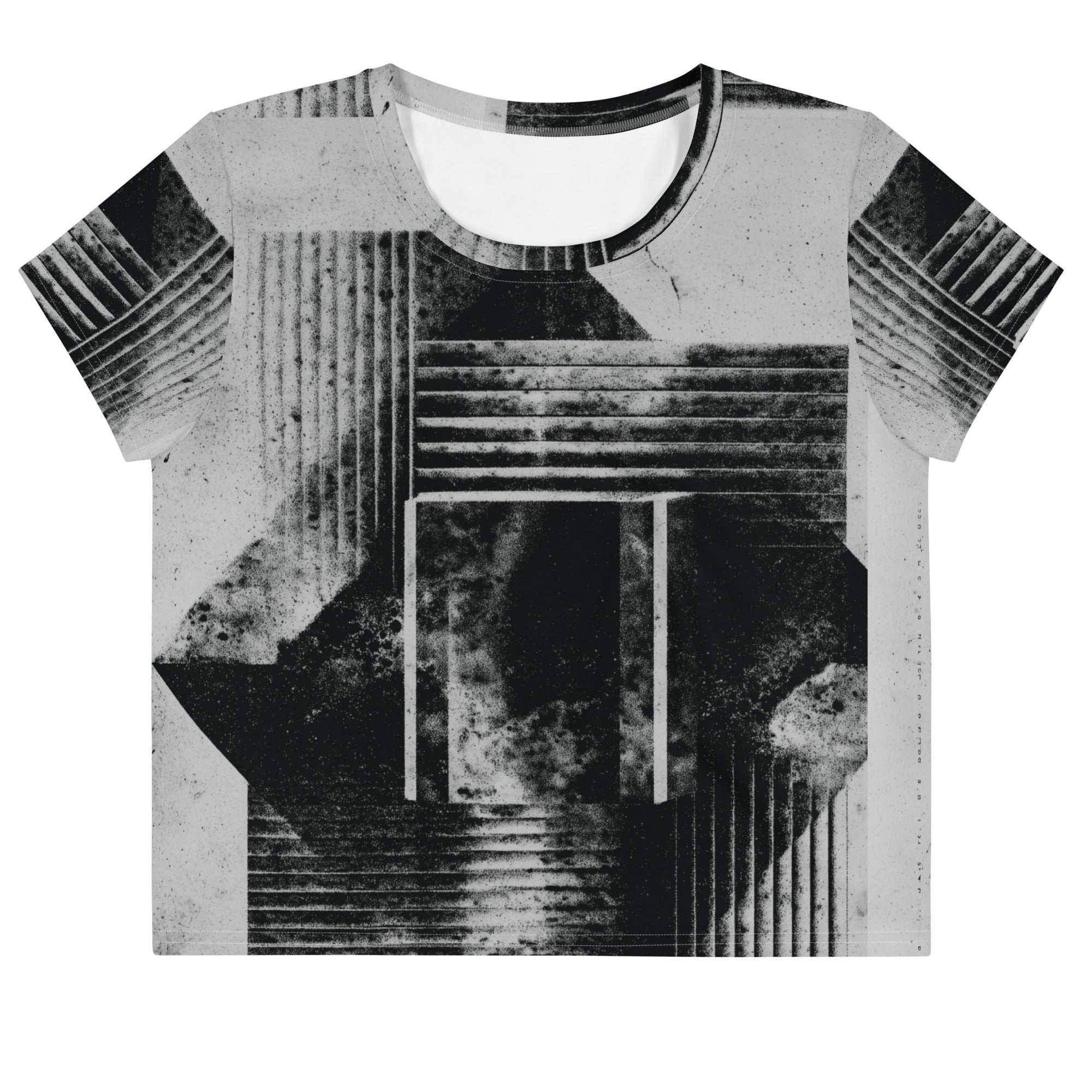 Front view of Women's Era Stamp (No.08) crop top with bold black and white geometries, distressed ink texture, crew neck, short sleeves.