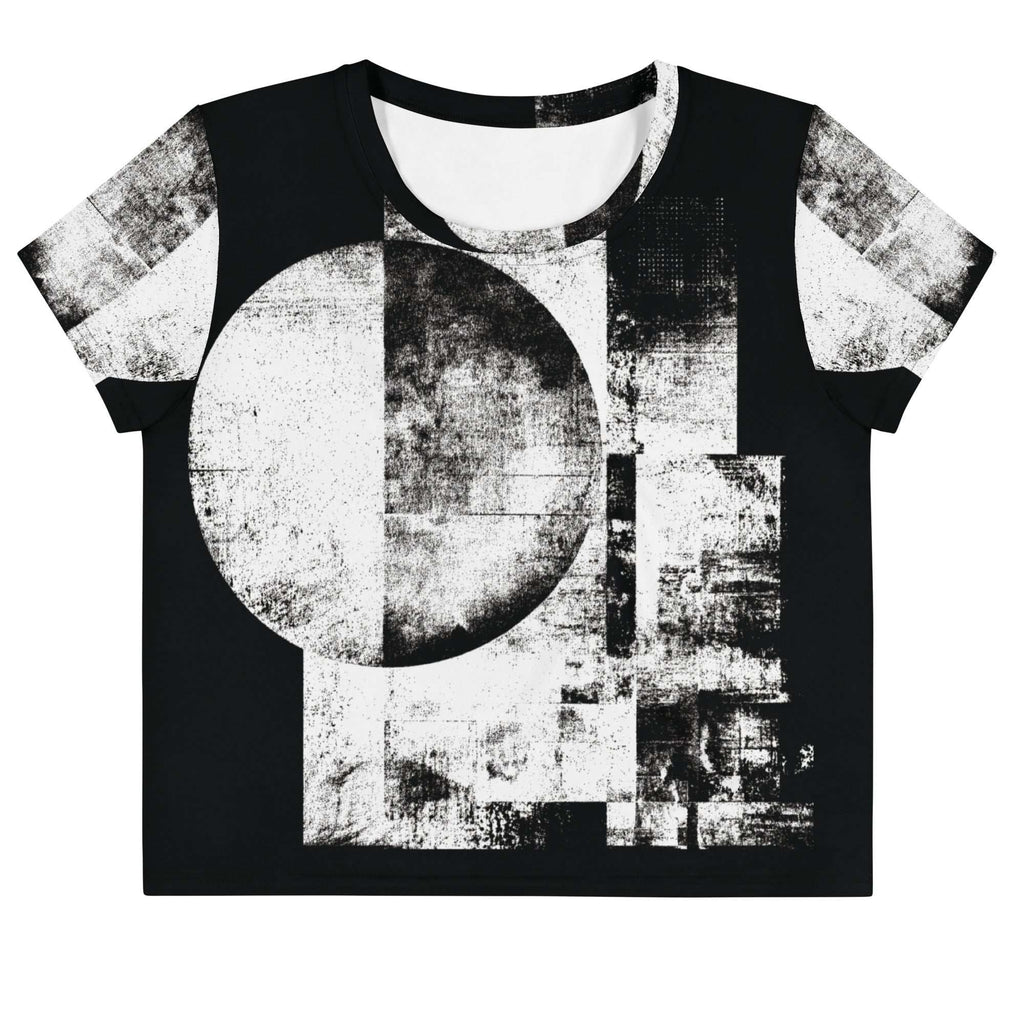 Front view of Women's Era Stamp (No.09) crop top with bold black and white geometries, distressed ink texture, crew neck, short sleeves.