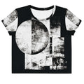 Front view of Women's Era Stamp (No.09) crop top with bold black and white geometries, distressed ink texture, crew neck, short sleeves.