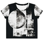Front view of Women's Era Stamp (No.09) crop top with bold black and white geometries, distressed ink texture, crew neck, short sleeves.